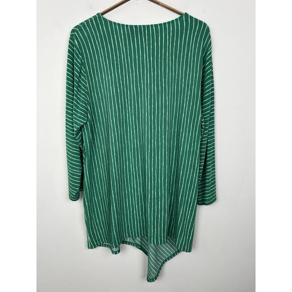 Chicos Travelers Top 2 Large Slinky Knit Green Stripe 3/4 Sleeve Asymmetric - Picture 2 of 7